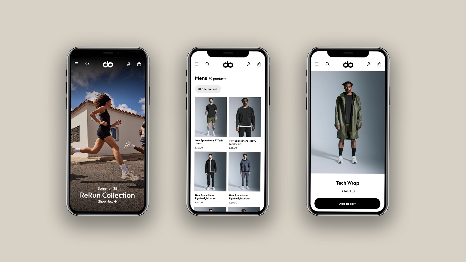 A selection of smartphone screens showing the Do Shopify website designed by Pobl, including the homepage, collections page and a product page.
