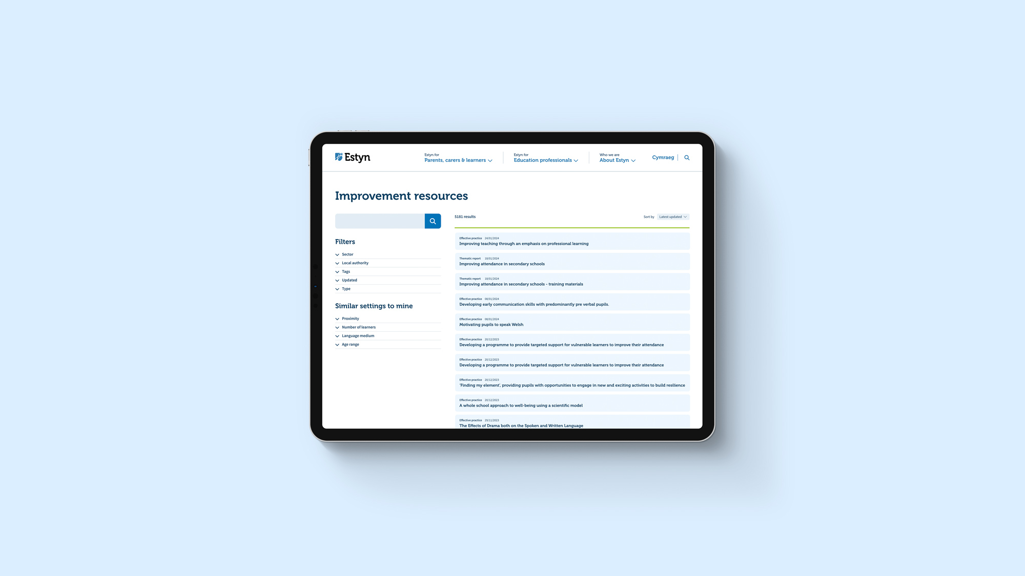 Estyn improvement resources search results shown on a tablet