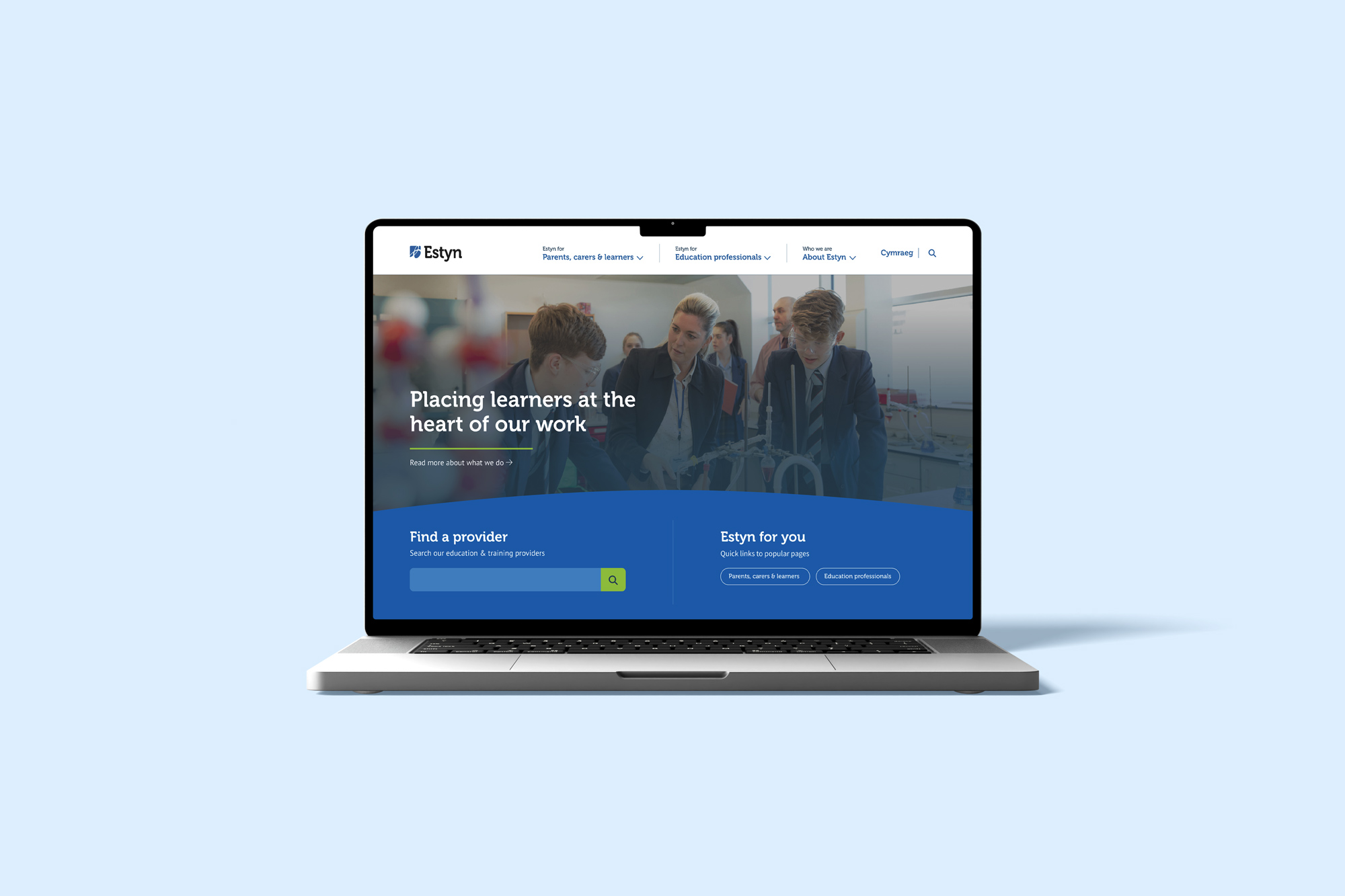 The Estyn website homepage designed by Pobl, viewed on a MacBook Pro