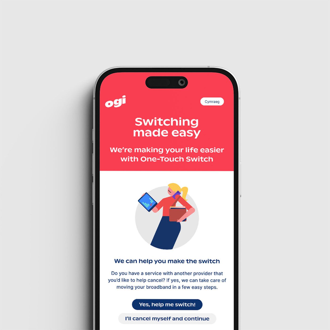 OGI One Touch Switching screen on mobile