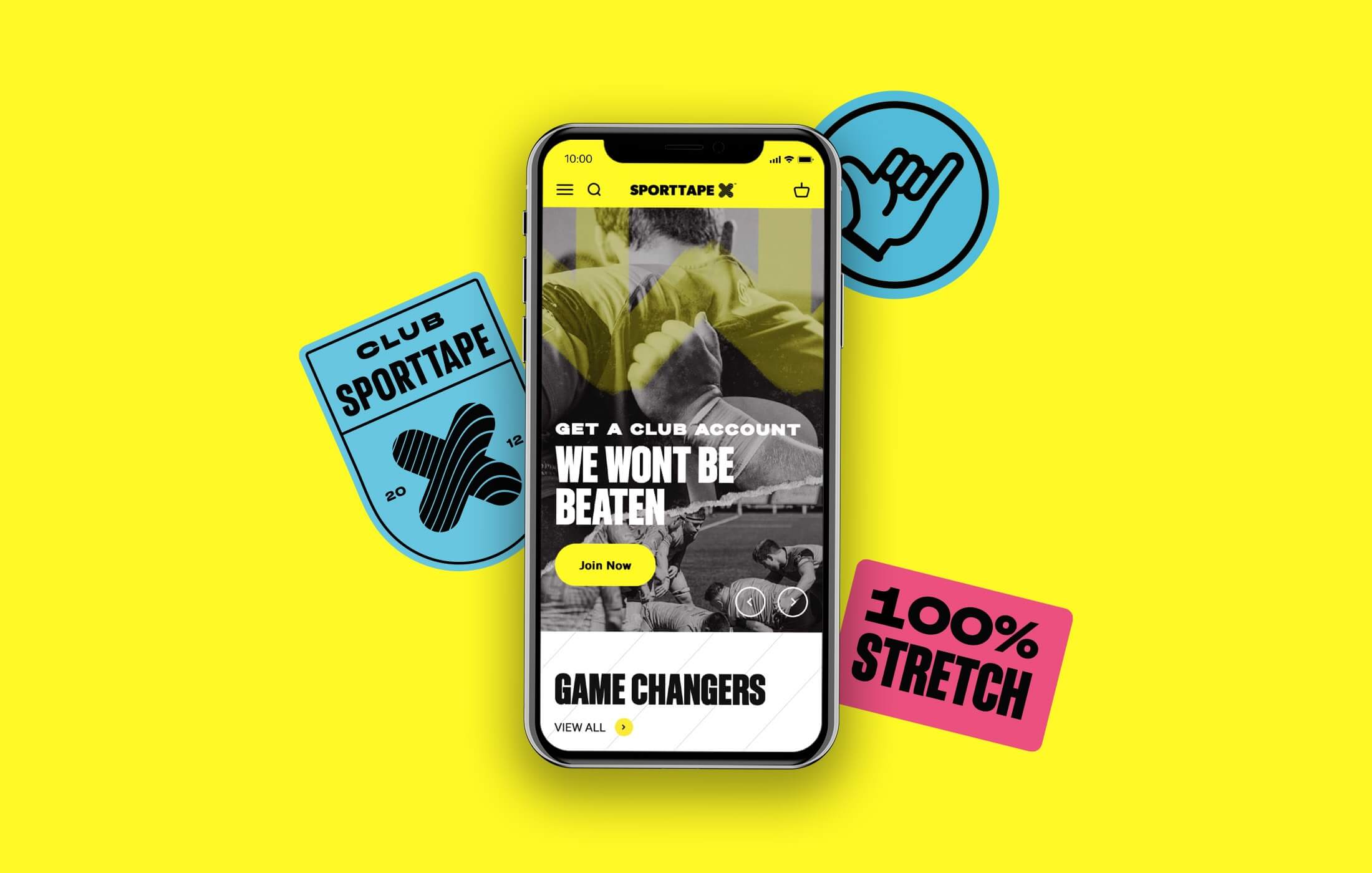 The sport tape Shopify e-commerce website on mobile, with brand stickers in the background