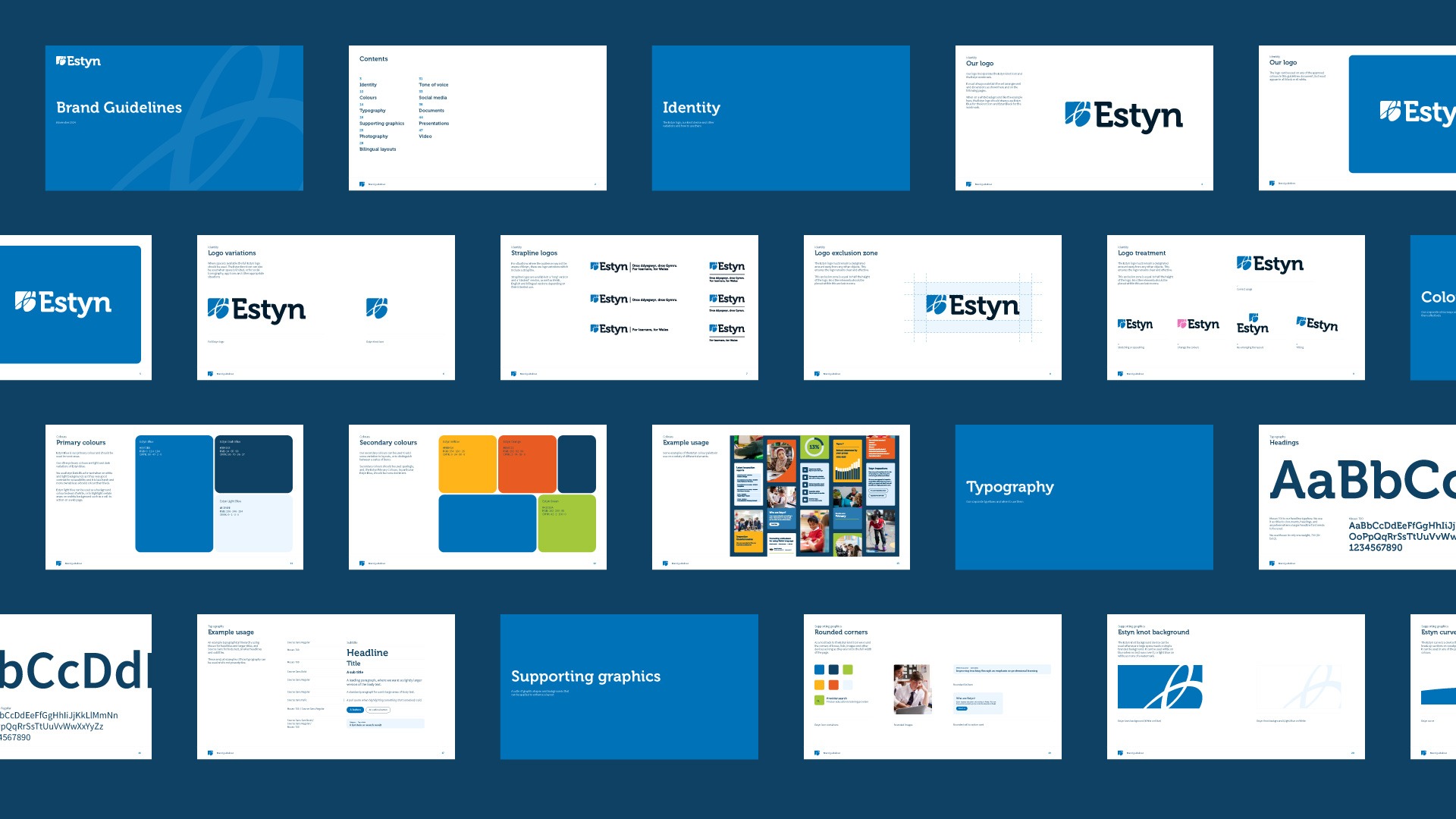 Spreads from the Estyn Brand Guidelines document designed by Pobl