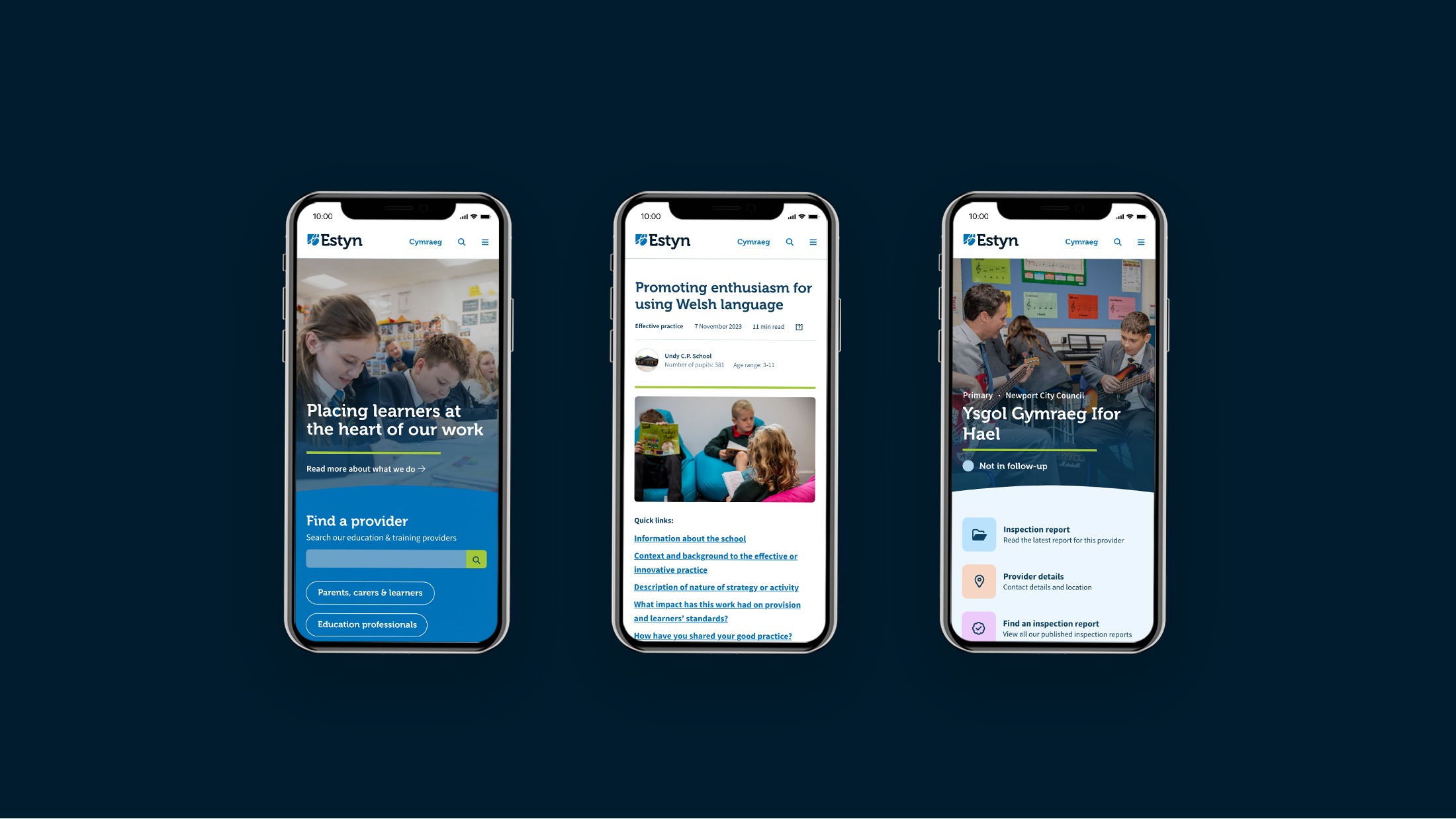 Three Estyn website layouts on mobile