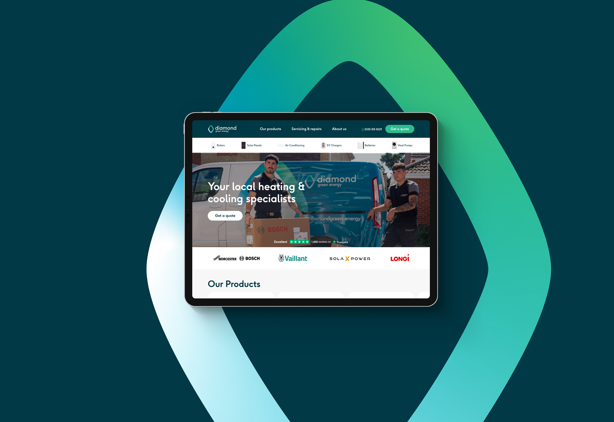 Diamond Green Energy website on a tablet screen, with the Diamond Green Energy brand icon in the background