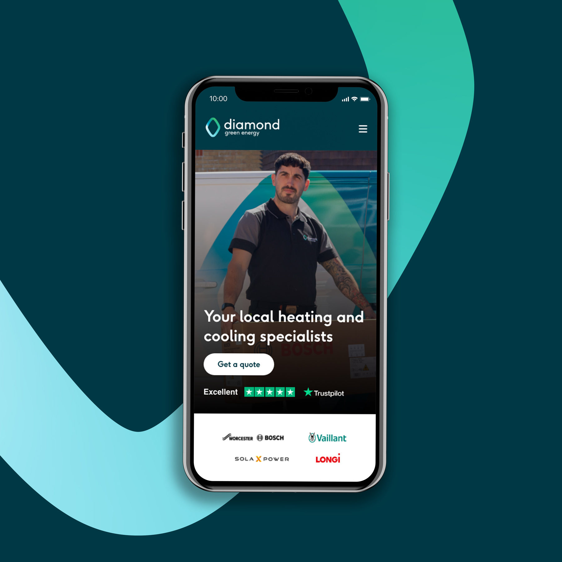 Diamond Green Energy website on a mobile screen, with the Diamond Green Energy brand icon in the background