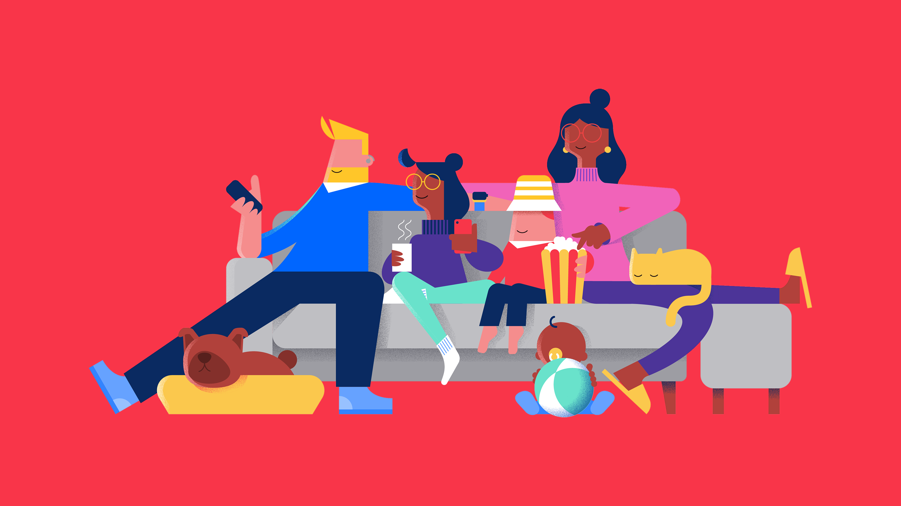 An illustration of a family sat on a sofa