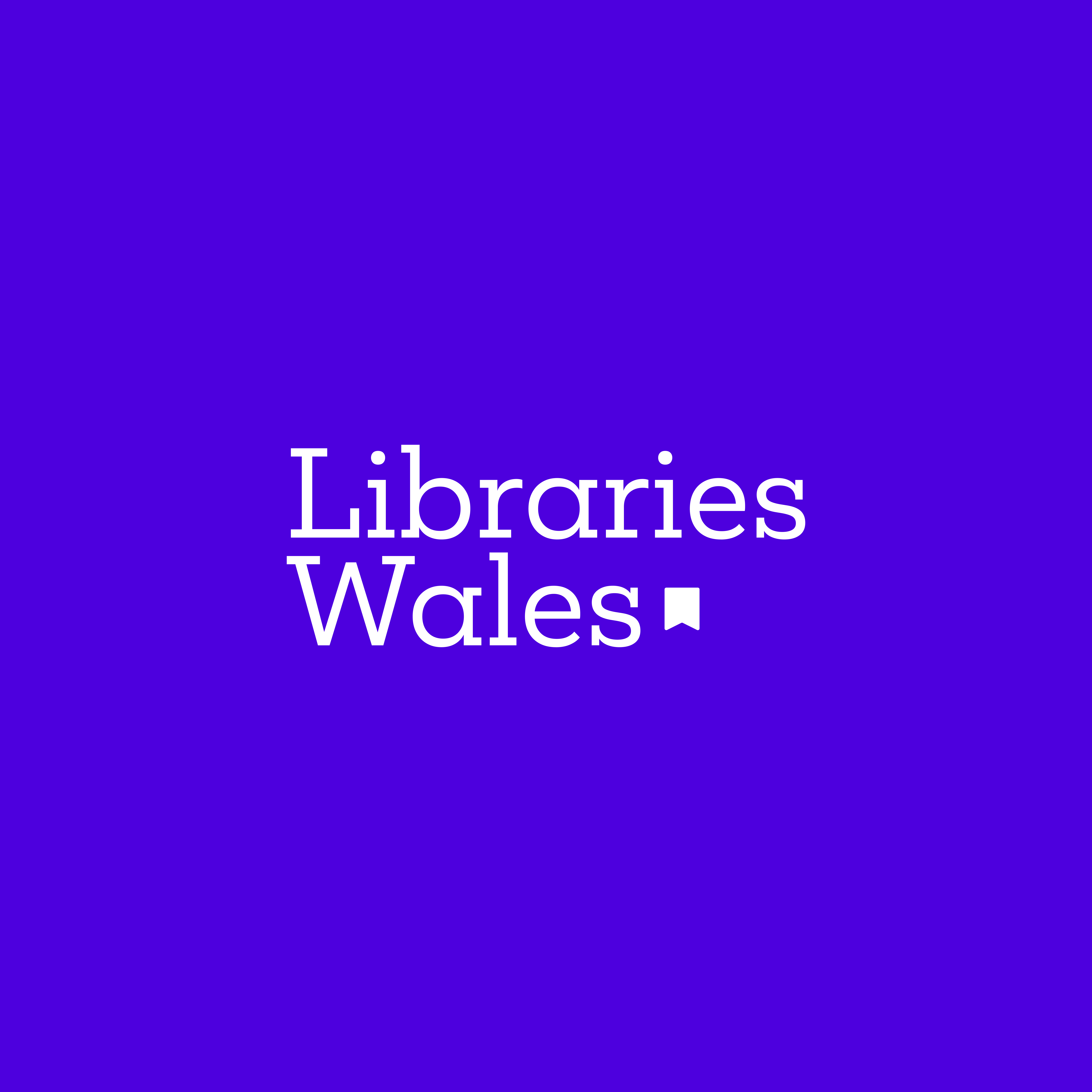 Logo for Libraries Wales designed by Pobl on a blue background